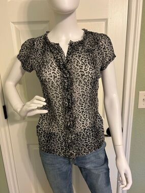 The Limited Black and White Leopard Ruffle Button-Front Blouse
